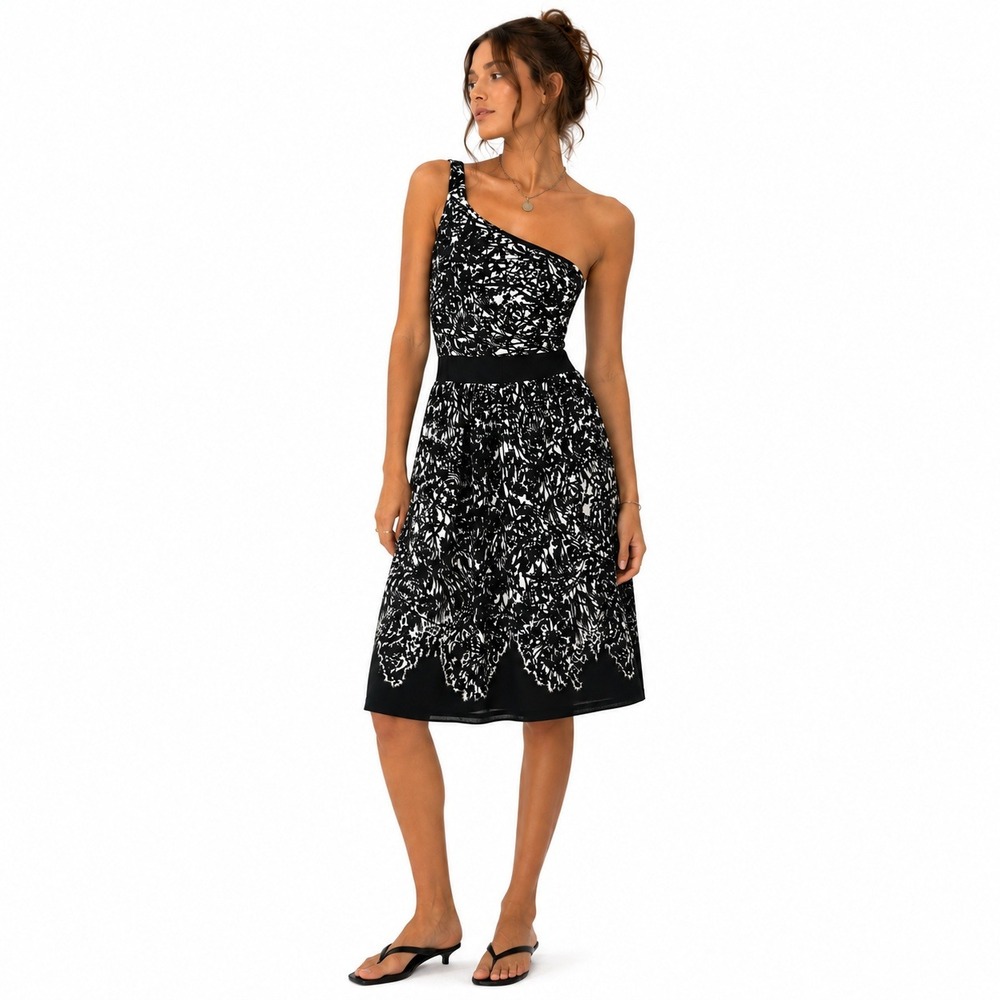 NWT Jonathan Martin One Shoulder Abstract Floral Dress Black Cream Elegant Sz 4